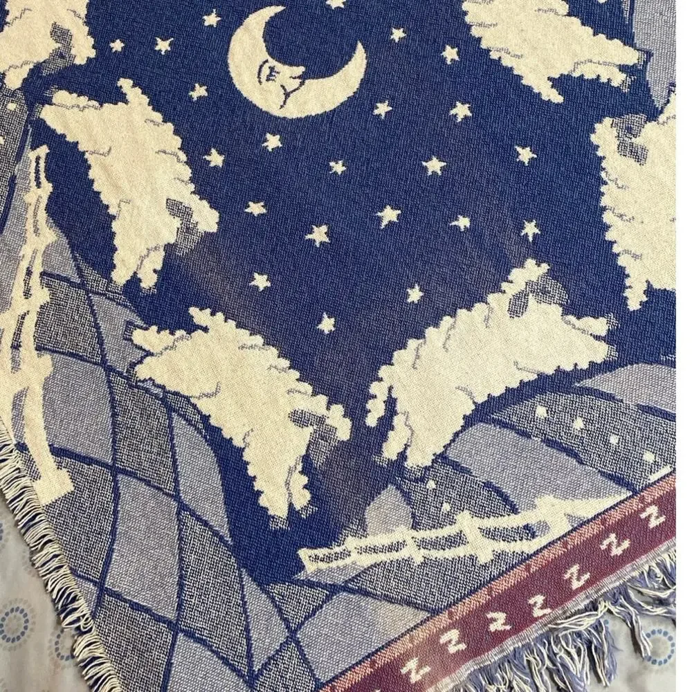 Vintage Woven Throw Blanket Baby Sleep Moon Counting Sheep Fringe 54x43 Afghan